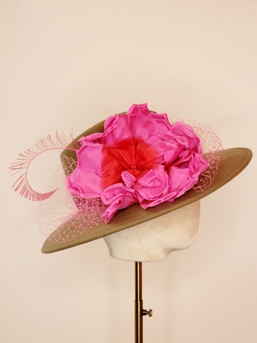 Polly Singer Couture Hats, Fall Hat, Winter Hat, Keeneland, The Cotwolds, Camel Fedora, Fall Fedora, Fall Hat, Pink flower hat, feather fedora, hat veiling, Stanway