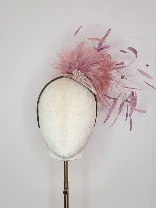 Polly Singer Couture Hats, Fall Hat, Winter Hat, Keeneland, The Cotwolds, Fall Fascinator, Feather Fascinator, Wedding Fascinator, Afternoon Tea, Percher hat, Plum Feathers, headband percher, Winter Fascinator, Snowshill, hand-dyed feathers, pearl fascinator, crystal fascinator