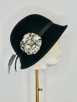 Polly Singer Couture Hats, Fall Hat, Winter Hat, Keeneland, The Cotwolds, Tetbury, Black Profile Hat, Black Fall Hat, feather hat, Fall Cloche Hat