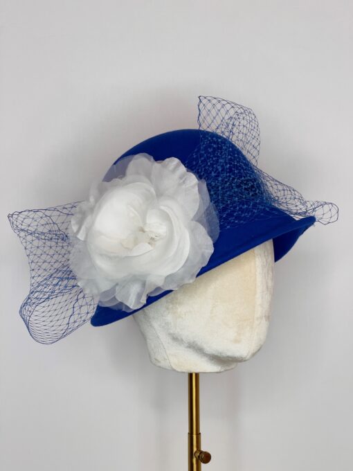 Polly Singer Couture Hats, Fall Hat, Winter Hat, The Cotwolds, Profile Hat, Fall Cloche Hat, Royal Blue Fall Hat, White Flower hat, Stanton, hat netting, Afternoon Tea Hat ,Wedding Hat