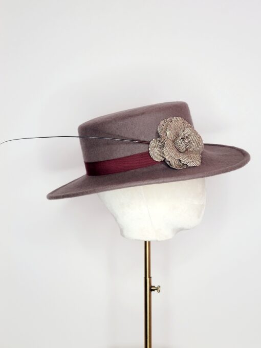 Polly Singer Couture Hats, Fall Hat, Winter Hat, Keeneland, The Cotwolds, Cirencester, Fall Sailor Hat, Wool Hat, Tweed Flower feather hat
