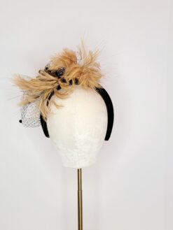 Polly Singer Couture Hats, Fall Hat, Winter Hat, Keeneland, The Cotwolds, Fall Fascinator, Feather Fascinator, Wedding Fascinator, Afternoon Tea Fascinator, Tan Feathers, headband fasconator, Winter Fascinator