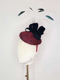 Polly Singer Couture Hats, Fall Hat, Winter Hat, Keeneland, The Cotwolds, Fall Fascinator, Feather Fascinator, Wedding Fascinator, Afternoon Tea, Percher hat, Feathers, headband percher, Winter Fascinator, jewel tone fasconator, Winchcombe