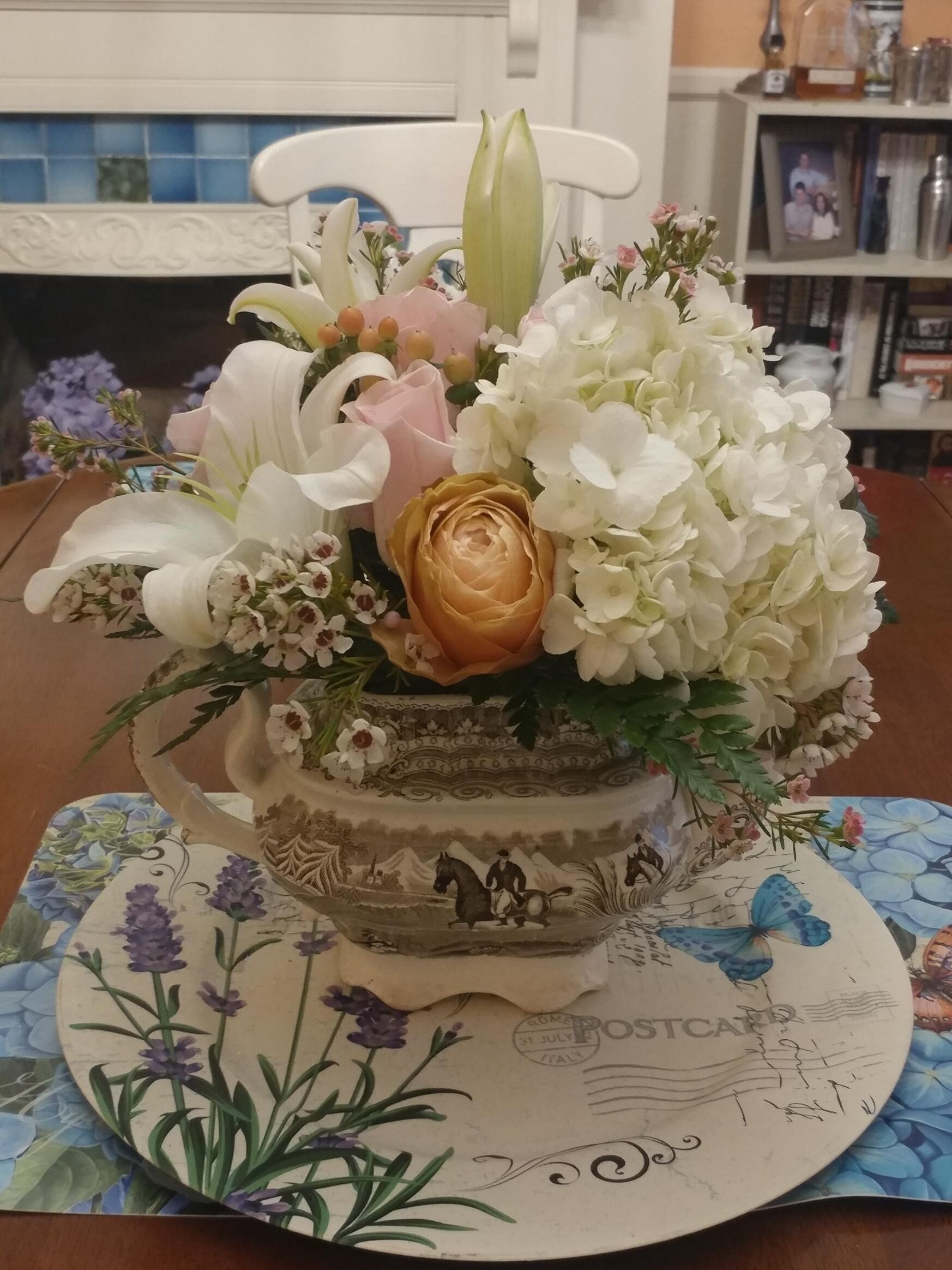 Polly Singer British Teapot Floral Arrangement