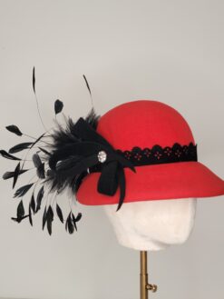 The Sybil Red Cloche with feathers