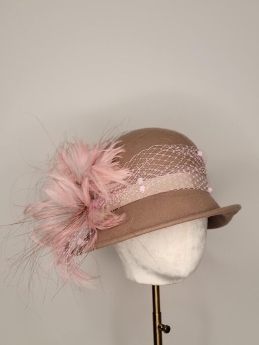 Lady Rose Tan and Pink Wool Cloche Hat - Image 2