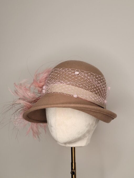 Lady Rose Tan and Pink Wool Cloche Hat - Image 3