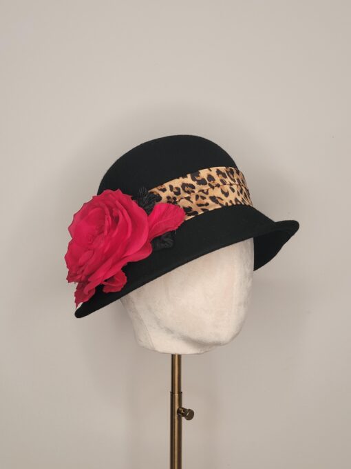 Mrs. Levinson Black cloche with leopard print, inspired by Downton Abbey