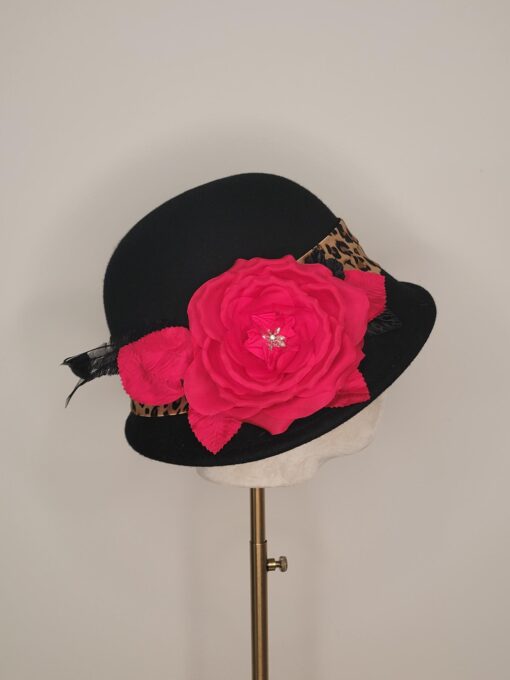 Mrs. Levinson Black cloche with leopard print, inspired by Downton Abbey