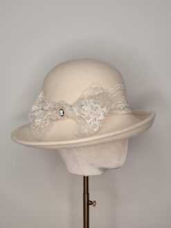 Lady Edith White Lace Winter Cloche Hat with Black pearl cameo
