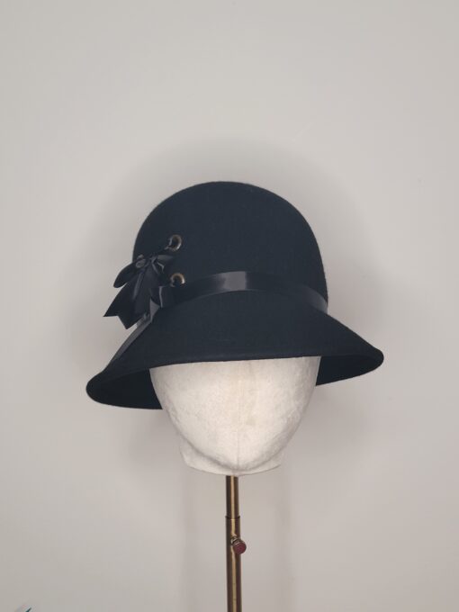 Ivy Black Cloche with Satin Ribbon Ties