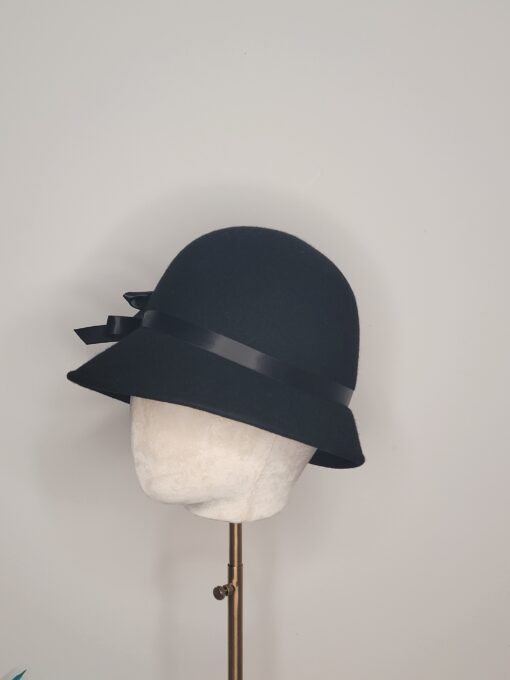 Ivy Black Cloche with Satin Ribbon Ties