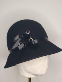 Ivy Black Cloche with Satin Ribbon Ties