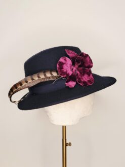 Beryl Navy Fedora With Feathers
