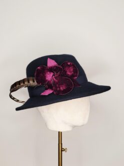 Beryl Navy Fedora With Feathers