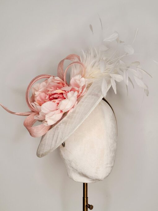 Clara Pink and White Feather Saucer Hat