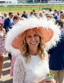 Beatrice White Ostrich Trim Oversize Pink Hat